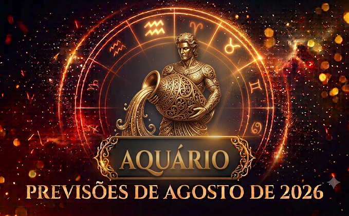 Ilustração mística do signo de Aquário com o título Aquário e Previsões de Agosto de 2026 em destaque sobre fundo dourado e ornamental