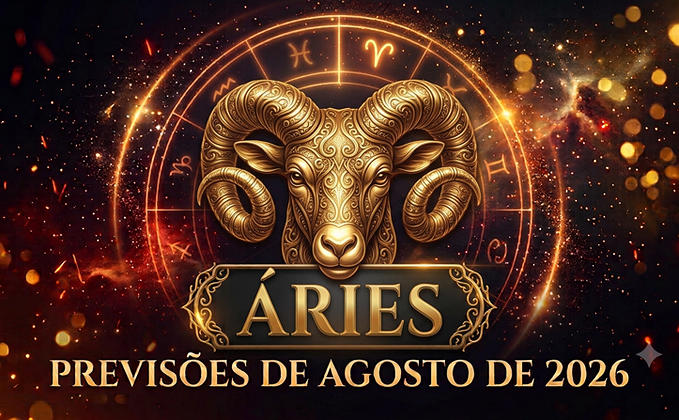 Ilustração mística do signo de Áries com o título Áries e Previsões de Agosto de 2026 em destaque sobre fundo dourado e ornamental