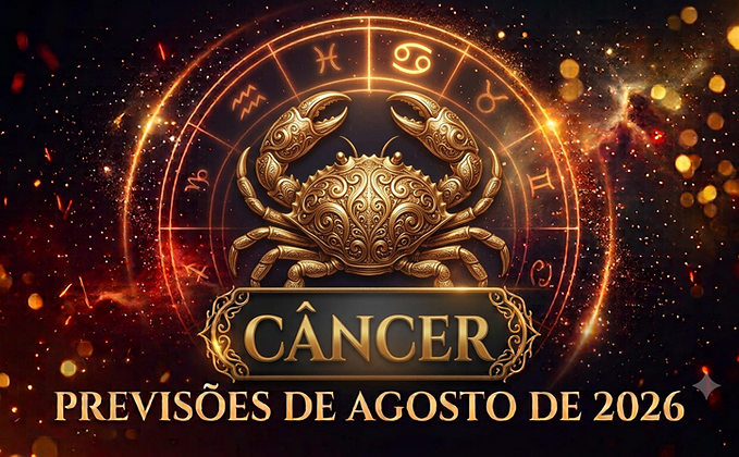 Ilustração mística do signo de Câncer com o título Câncer e Previsões de Agosto de 2026 em destaque sobre fundo dourado e ornamental