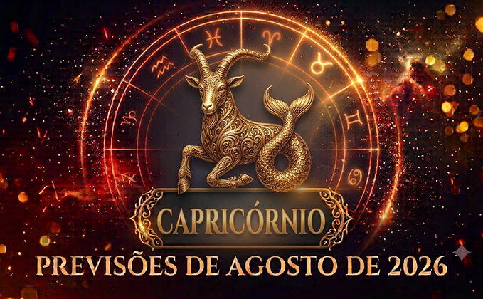 Ilustração mística do signo de Capricórnio com o título Capricórnio e Previsões de Agosto de 2026 em destaque sobre fundo dourado e ornamental
