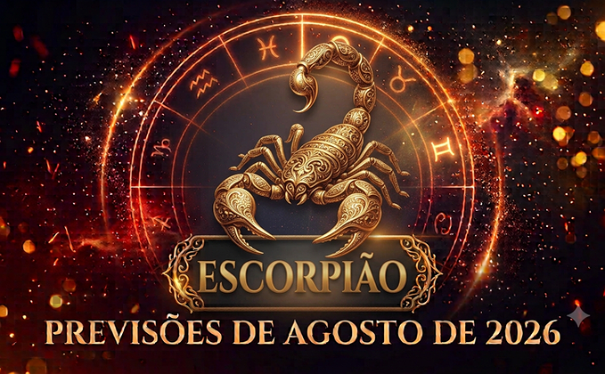 Ilustração mística do signo de Escorpião com o título Escorpião e Previsões de Agosto de 2026 em destaque sobre fundo dourado e ornamental