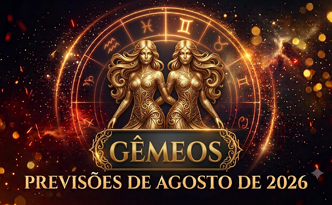 Ilustração mística do signo de Gêmeos com o título Gêmeos e Previsões de Agosto de 2026 em destaque sobre fundo dourado e ornamental