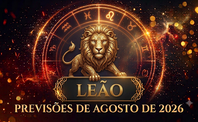 Ilustração mística do signo de Leão com o título Leão e Previsões de Agosto de 2026 em destaque sobre fundo dourado e ornamental