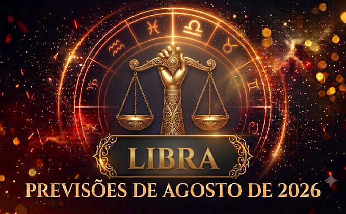 Ilustração mística do signo de Libra com o título Libra e Previsões de Agosto de 2026 em destaque sobre fundo dourado e ornamental