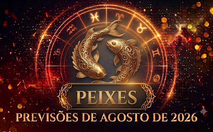 Ilustração mística do signo de Peixes com o título Peixes e Previsões de Agosto de 2026 em destaque sobre fundo dourado e ornamental