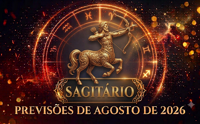 Ilustração mística do signo de Sagitário com o título Sagitário e Previsões de Agosto de 2026 em destaque sobre fundo dourado e ornamental