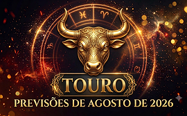 Ilustração mística do signo de Touro com o título Touro e Previsões de Agosto de 2026 em destaque sobre fundo dourado e ornamental