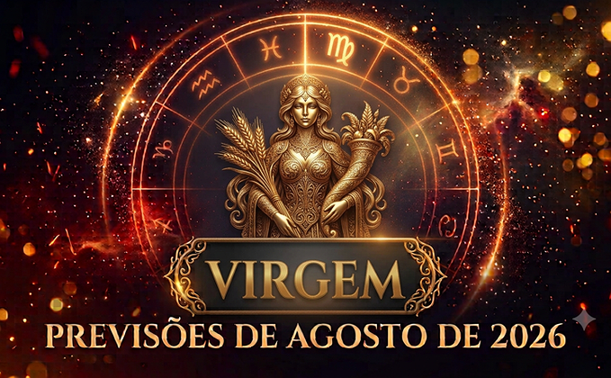 Ilustração mística do signo de Virgem com o título Virgem e Previsões de Agosto de 2026 em destaque sobre fundo dourado e ornamental